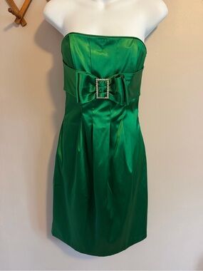 Jessica McClintock Strapless Satin Rhinestone Bow Cocktail Dress Green Size 4P